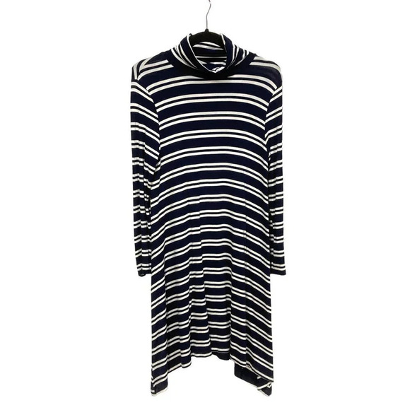Maeve Anthropologie Navy & White Striped Turtleneck Dress, Sharkbite Hem, Medium - Picture 2 of 10
